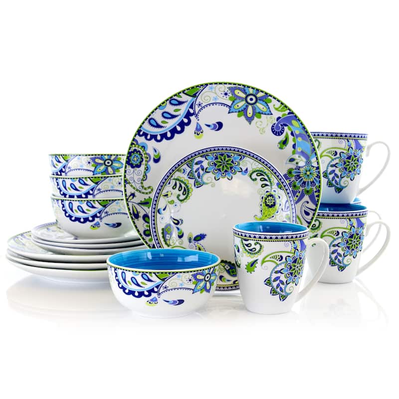 Elama Blue Crush 16 Piece Round Porcelain Dinnerware Set