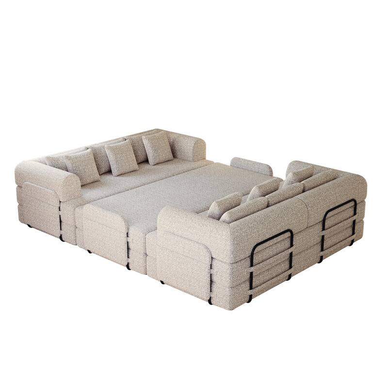 Chenille Convertible Sleeper Sofa Bed, Folding Sofa Bed with Cylindrical Pillow, Floor Upholstered Sofa with Side Pocket