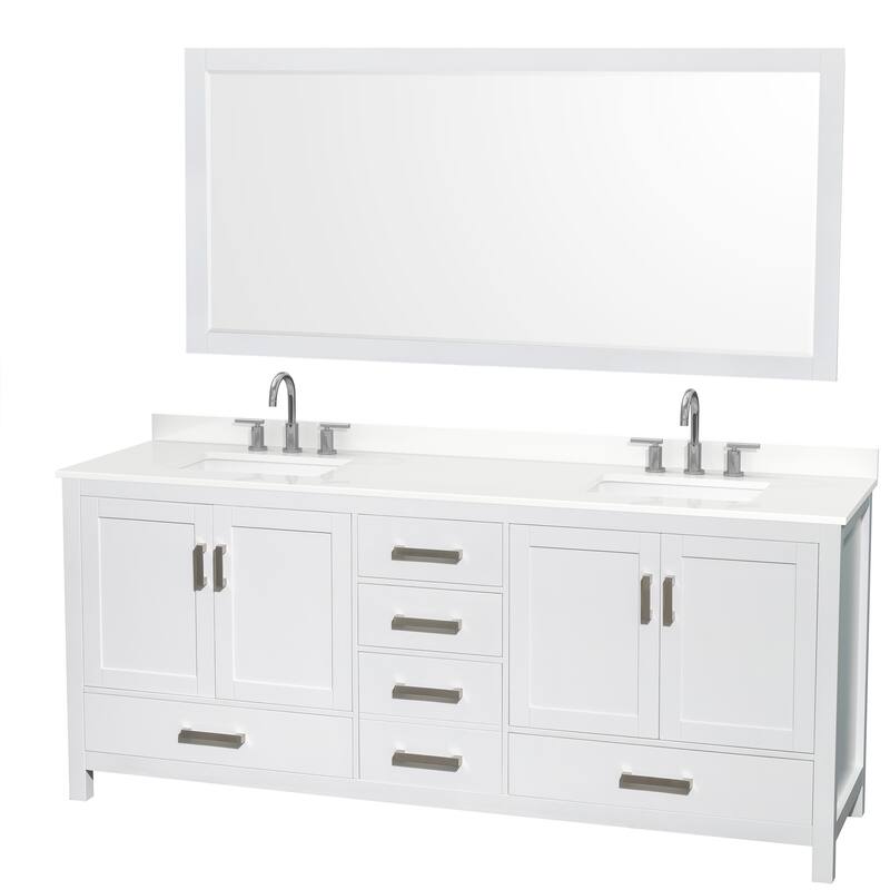 Sheffield 80-inch Double Vanity, 3 Hole Quartz Top, 70-inch Mirror - White, Chrome Trim, White Quartz Top