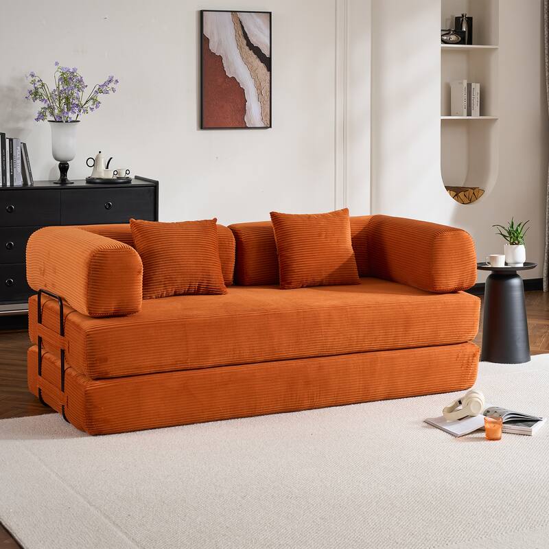 Convertible Sleeper Sofa Bed with Pillow, Modern Corduroy Folding Mattress Couch, Floor Sofa Lounge for Compact Spaces - Orange