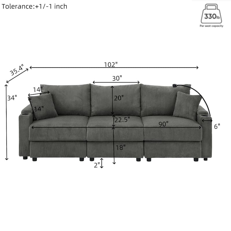 102" Corduroy Modern 3-Seater Sofa Deep Seat with Cup Holders & Phone Holder