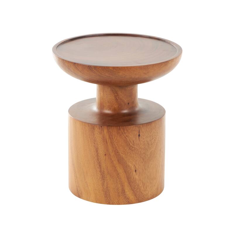 Brown Wood Handmade Side End Accent Table with Cylinder Block Base