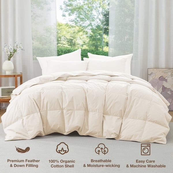 Lightweight 100% Organic Cotton Feather Down Comforter Summer Duvet Insert - King - Off-White