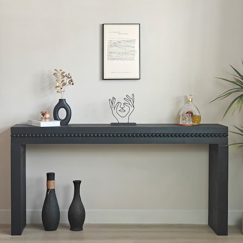 64" Elegant Modern Black Wood Console Table with Decorative Beaded Trim