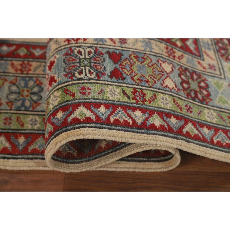 Geometric Beige Kazak Area Rug Handmade Wool Carpet - 5'1" x 6'4"