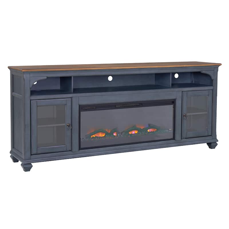 Bridgevine Home Americana 86 in Fireplace TV Stand for TVs up to 95 inches, Corduroy Blue Finish
