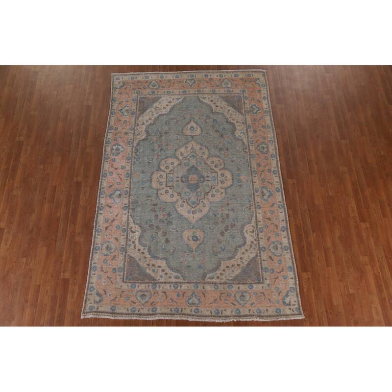 Hand Knotted Oriental 100% Wool Carpet Traditional Medallion Greys & Charcoal Tabriz Area Rug - 9' 6'' X 6' 2''