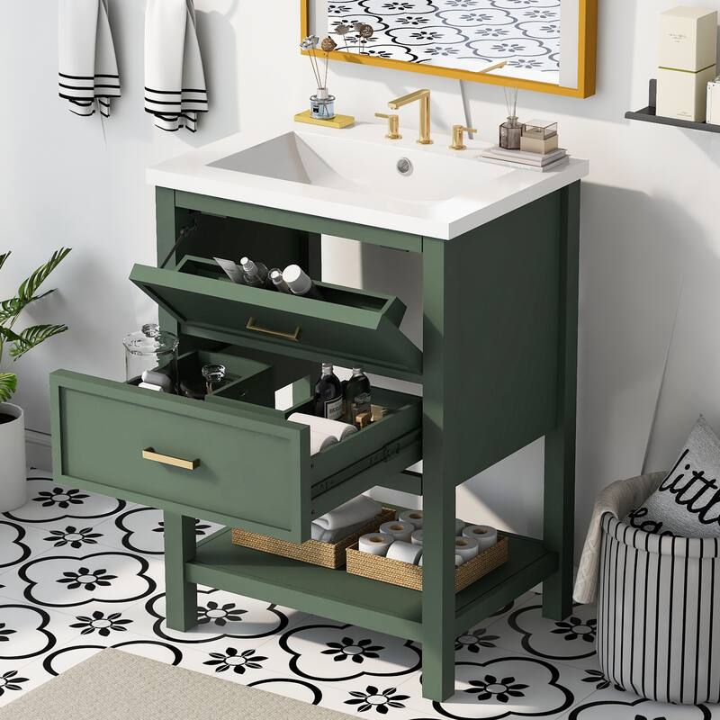 24" Bathroom Vanity with Top Sink, Modern Bathroom Storage Cabinet with 2 Drawers, Single Sink Bathroom Vanity