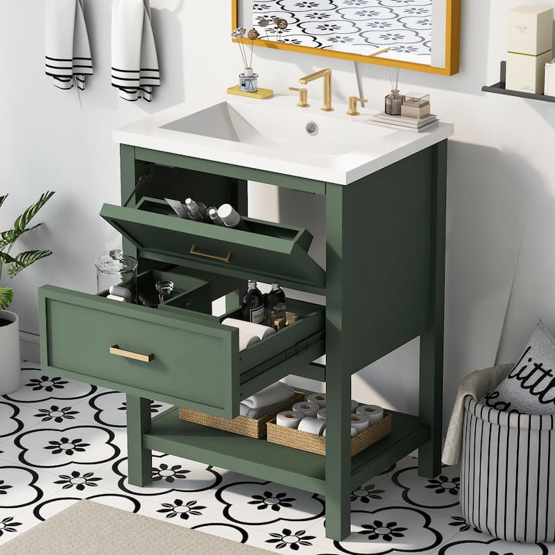 Small Bathroom Vanity with Top Sink, Undermount Bathroom Sink Cabinet, Bathroom Cabinet with 2 Drawers & Open Shelf