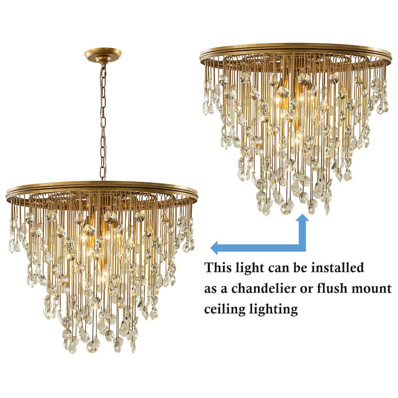 5/7-Light Contemporary and Glam Antique Gold Rain Drop Crystal Flush Mount