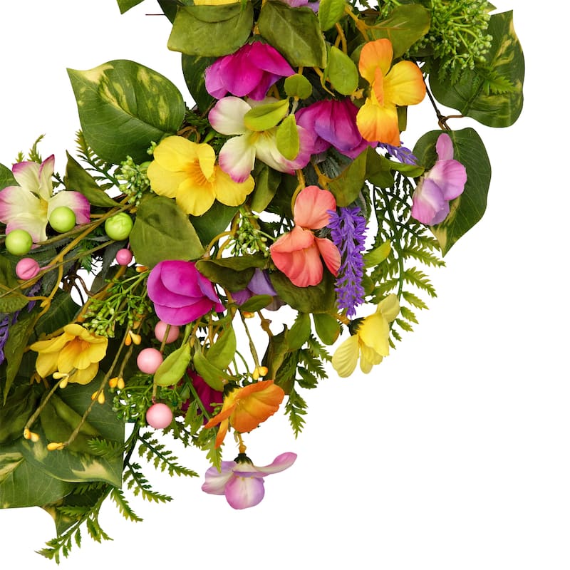 Mixed Floral Artificial Spring Wreath - 22" - Yellow and Pink