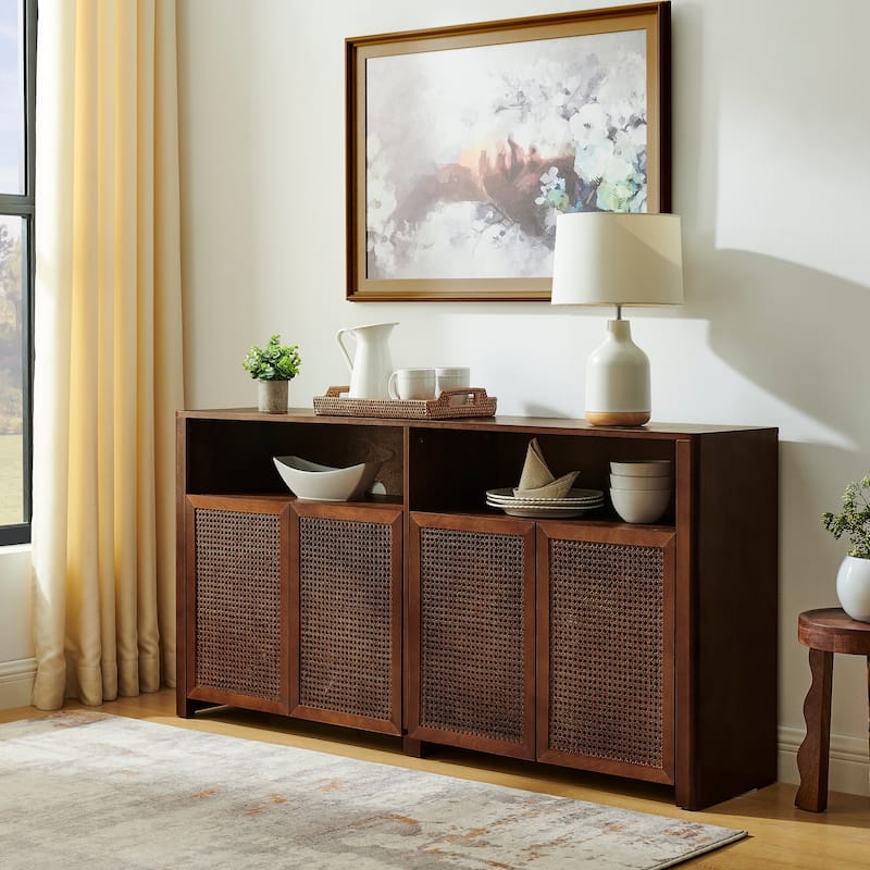 Roomfitters Rattan Sideboard Buffet Cabinet, Mid Century Modern Storage Credenza, Large Media Console Table - Walnut