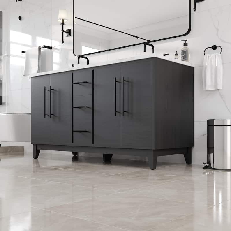 Graham 60"W Double Sink Bath Vanity with White Arabescato Engineered Stone Top