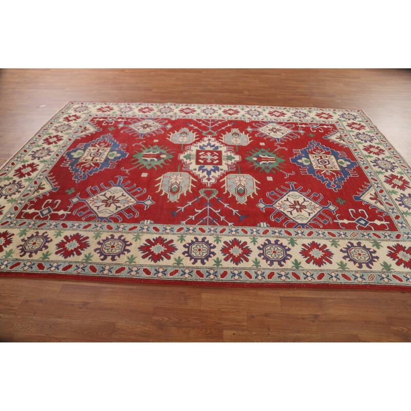 Red Geometric Kazak Area Rug Hand-Knotted Wool Carpet - 6'9" x 9'8"