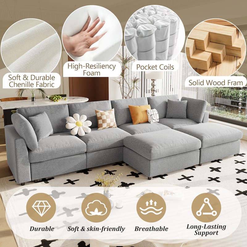 130" Large U-Shaped Modular Sectional Sofa with 2 Ottomans, Chenille Fabric Couch for Living Room & Home Theater