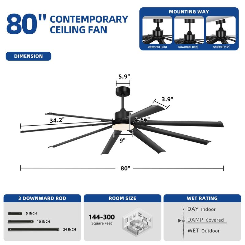 Moasis 96 Inch/80 inch Black Ceiling Fan with Light and Remote, DC Reversible Motor and 6 Speed