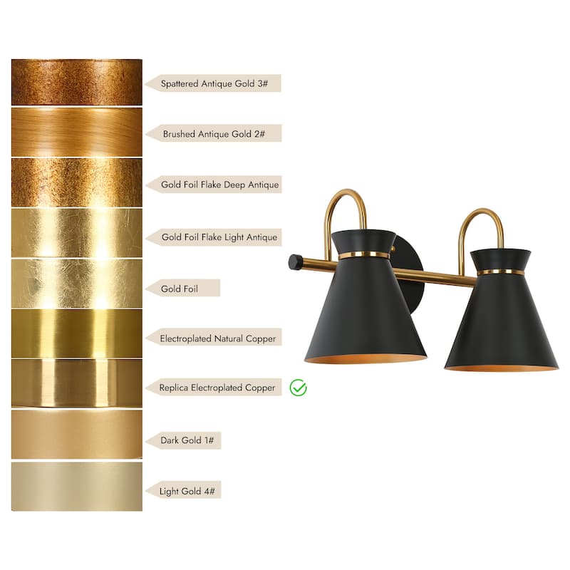 2-Light Modern Black Gold Bathroom Vanity Light Dimmable Metal Wall Sconce - 14.5" L x 7" W x 8.5" H