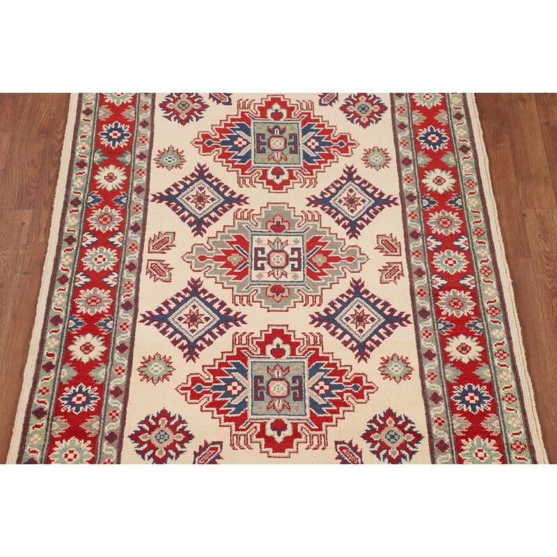 Ivory / Beige Geometric Kazak Oriental Accent Rug Handmade Wool Carpet - 3'6" x 5'1"