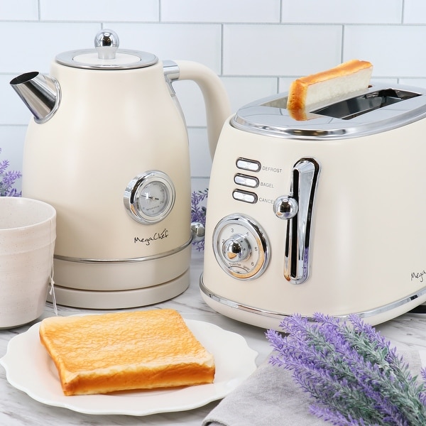 1.7 Quart Electric Tea Kettle and 2 Slice Toaster Combo in Matt Cream Off White