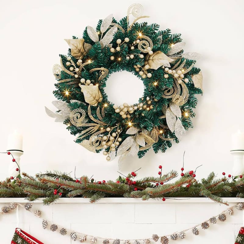 18 inch Pre-Lighted Christmas Wreath with Golden Leaves - N/A - Gold