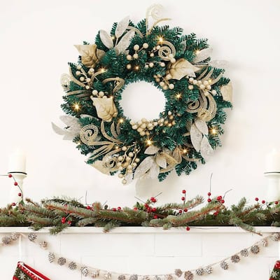 18 inch Pre-Lighted Christmas Wreath with Golden Leaves - N/A