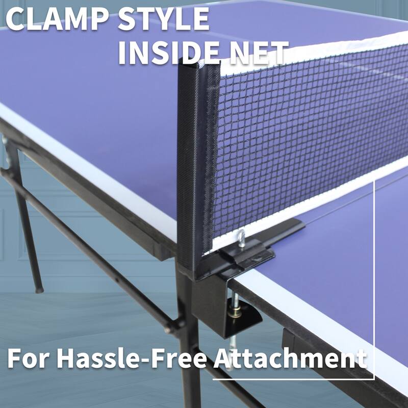 Roomfitters 8ft Indoor Table Tennis Table, Foldable & Portable Ping Pong Set with Net, 2 Bats and 3 Balls, Blue