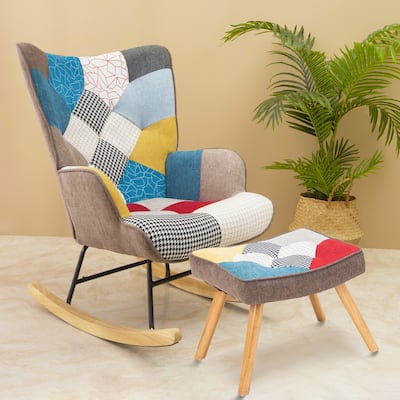 Rocking Chair with ottoman, Mid Century Fabric Rocker Chair with Wood Legs and Patchwork Linen for Livingroom Bedroom