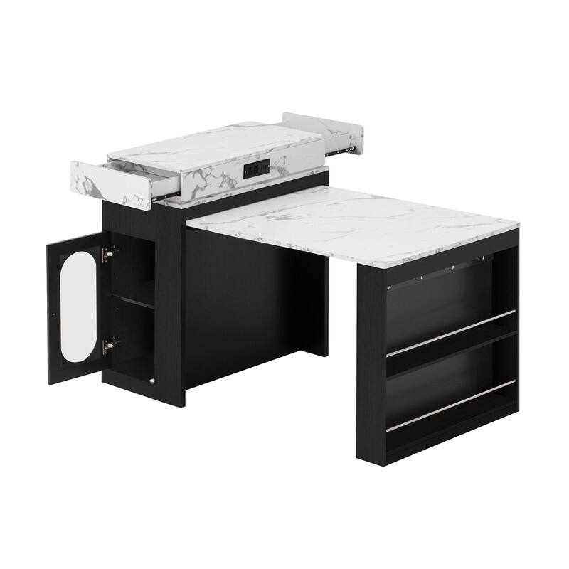 57.7" Kitchen Island with Extendable Top on Wheels, Kitchen Dining Table, Bar Table with Drawers and Power Outlet