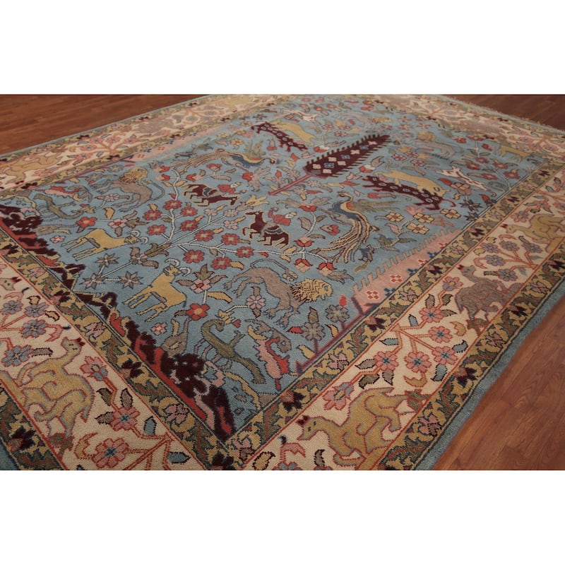 Hunting Animals Blue Ziegler Oriental Area Rug Handmade Wool Carpet - 9'0"x 11'11"