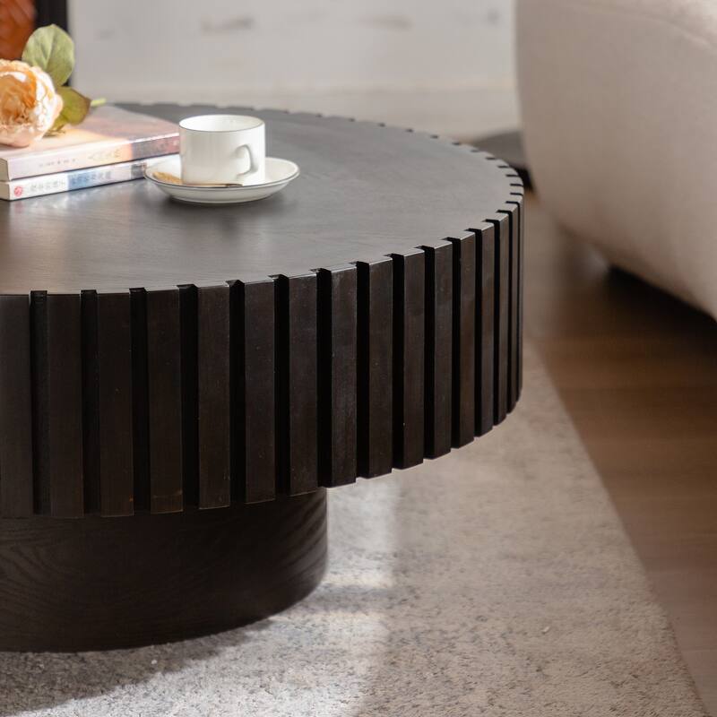 Modern Round Coffee Table Stylish Coffee Table Olive Shaped Coffee Table with Handmade Relief and Base, for Living Room