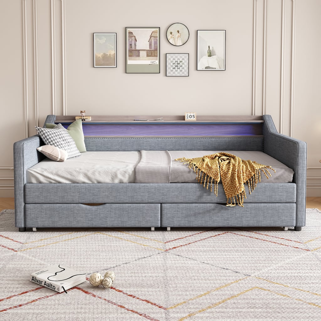 Twin Size Daybed Platform Bed Frame with 2 Storage Drawers & Shelves