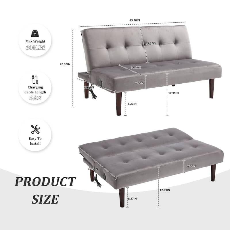 Foldable Fashion Sofa Bed High End Flannel Fabric Back Adjustable Sofa Recliner Futon, Modern Fashion Sofa with Charging Port