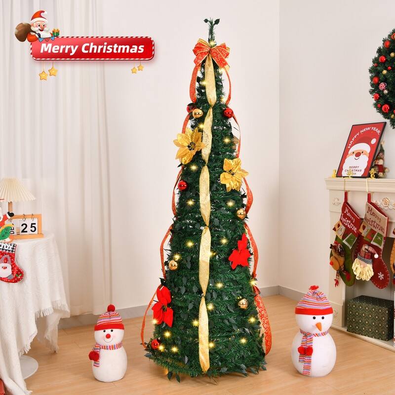 Fully Decorated Pre-lit Christmas Tree with 80 Warm Lights Battery Operated and Red & Golden Ornaments for Holiday Deco