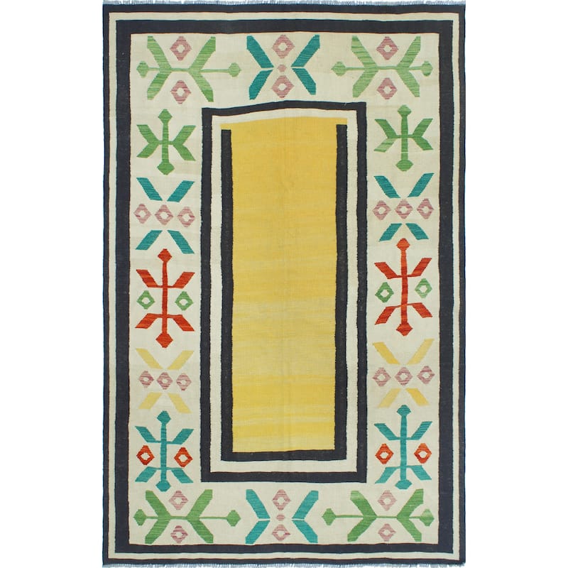Modern Flatweave Everette Gold/Ivory Rug - 6'4" x 9'9"