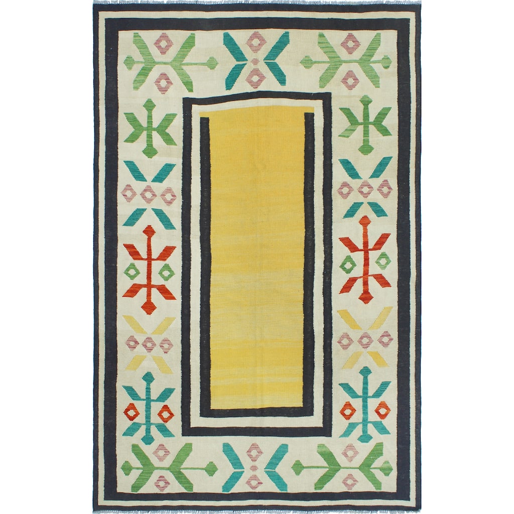 Modern Flatweave Everette Gold/Ivory Rug - 6'4" x 9'9"