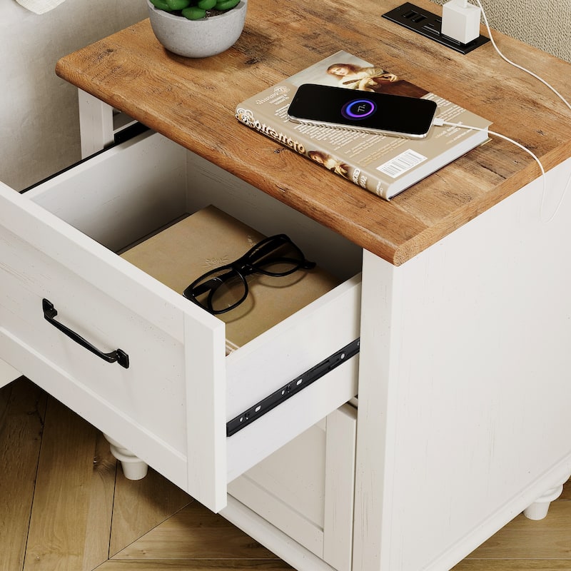 Nightstand with Charging Station, 2-Drawer End Table for Bedroom