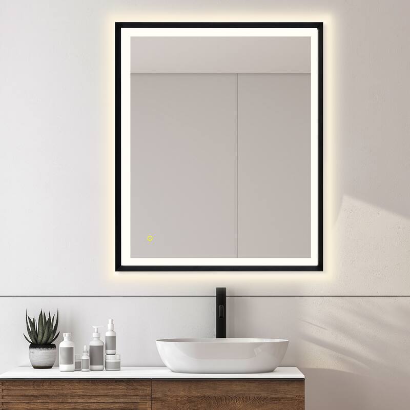 Apollo Rectangular Anti-Fog Dimmable Modern Bathroom/Vanity LED Lighted Wall Mirror in Matte Black Aluminum Framed