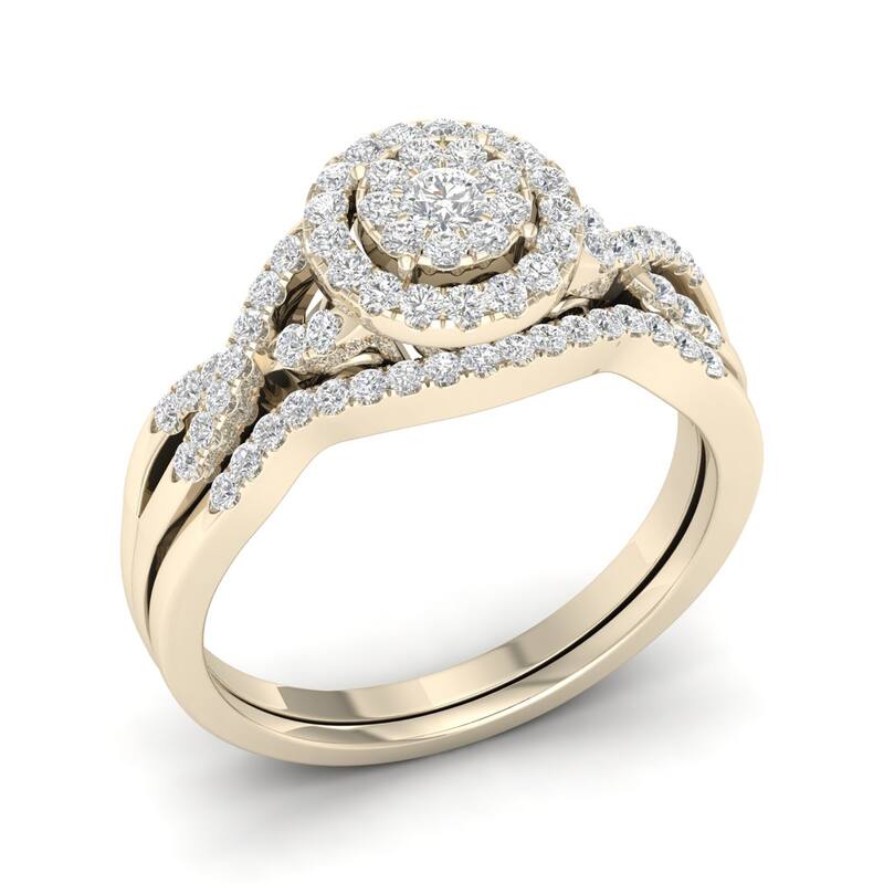 De Couer 10k Gold 3/8Ct TDW Diamond Halo Twist Shank Bridal Ring Set