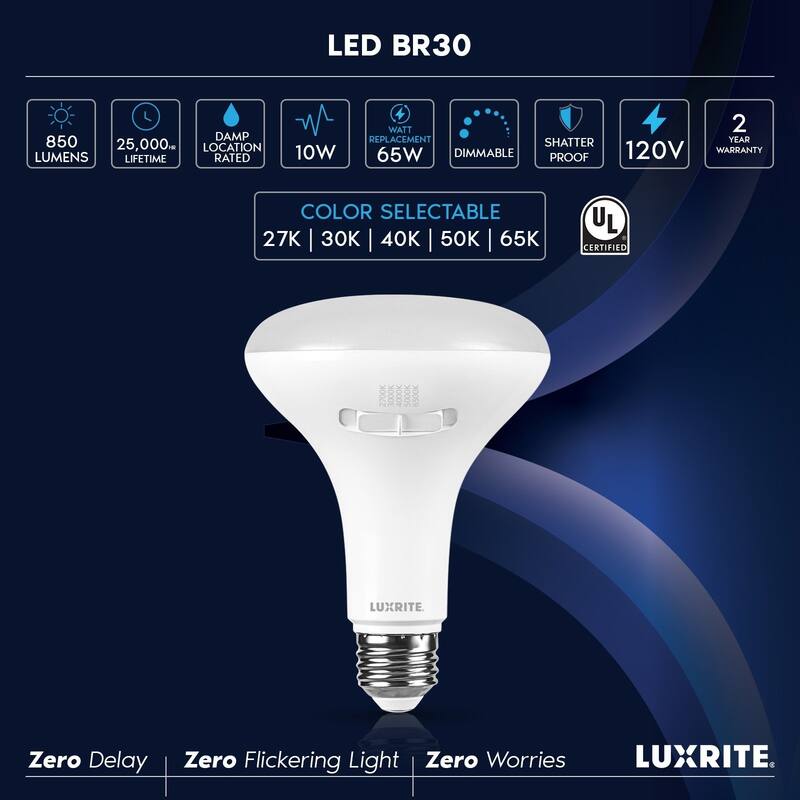 Luxrite BR30 LED Light Bulb 10W=85W 5CCT Dimmable 850LM LED Flood Light Bulb E26 Base 12-Pack