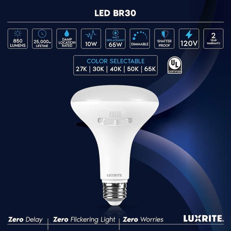Luxrite BR30 LED Light Bulb 10W=85W 5CCT Dimmable 850LM LED Flood Light Bulb E26 Base 6 Pack