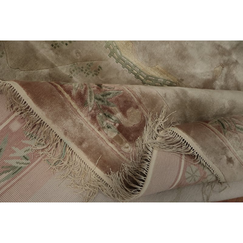 Hand Knotted Oriental Silk Carpet Traditional Pictorial Brown Art Deco Area Rug - 9' 2'' X 6' 0''