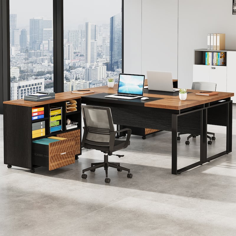63" L-Shaped Executive Desk with Reversible File Cabinet Office Desk with Storage Drawers