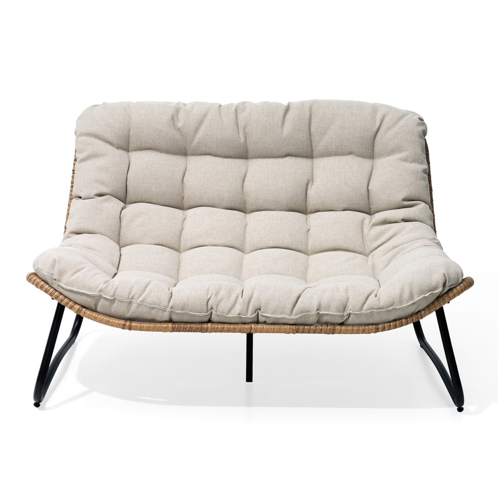 All-Weather PE Rattan Double Papasan Chair Loveseat with Soft Cushion for Indoor Outdoor