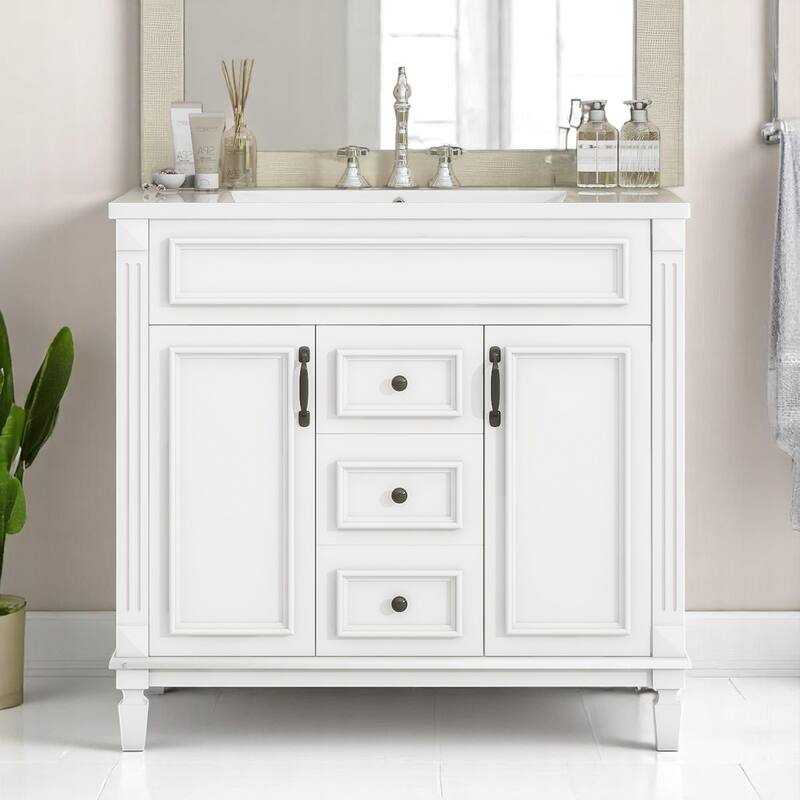 36 Inch Freestanding Bathroom Vanity with Sink, 2 Soft-Close Doors & 2 Drawers, Rectangular Ceramic Basin Included - White