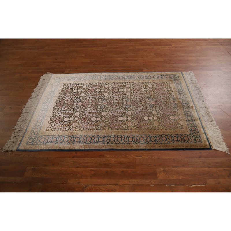 Hand Knotted Oriental Silk & Silver Carpet Traditional Floral Green Qum Area Rug - 5' 6'' X 3' 7''