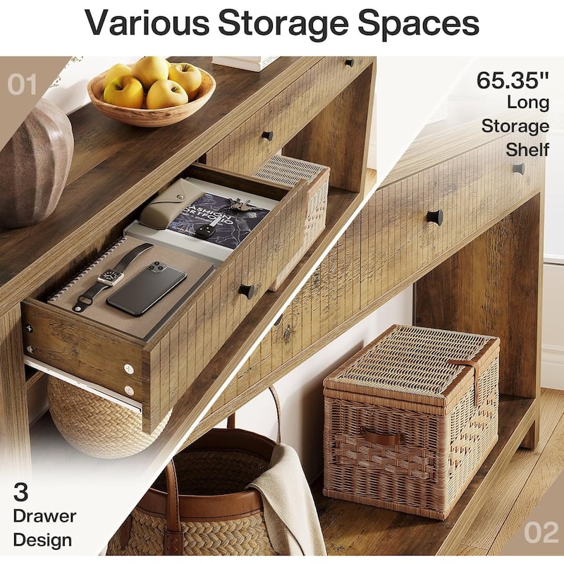 Extra Long Wood Console Table, Oak Sofa Entryway Table with 3 Drawers & Storage Shelves for Living Room, Hallway, Foyer