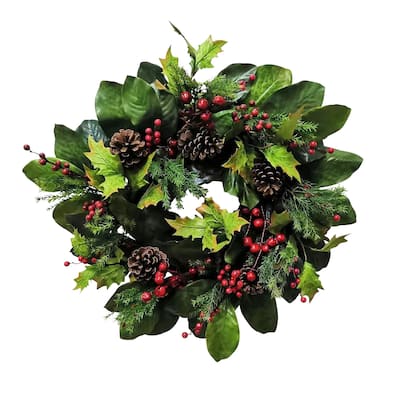 24" Pine Cone/Berry/Holly Wreath - Green - Christmas Holly Wreath