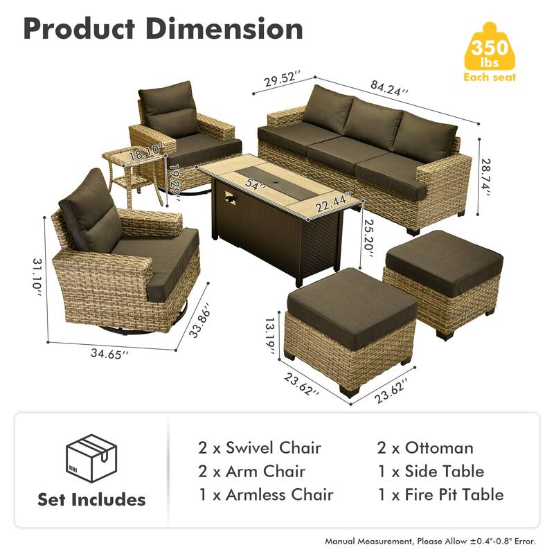 OVIOS 9-Piece T shaped Seat 54" Fire Table Swivel Chair Patio Conversation Set
