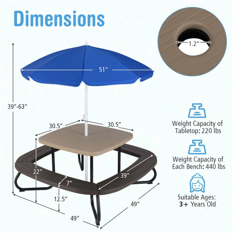 Kids Outdoor Picnic Table with Adjustable Umbrella and Benches Metal Frame and Weather-Resistant Surface - 49" × 49" × 39"-63"