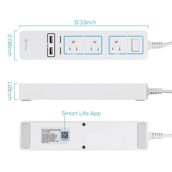 dimension image slide 0 of 2, Wi-Fi Smart Surge Protector Power Strip, 3 AC Outlets & 2 USB Ports Smartphone Controlled